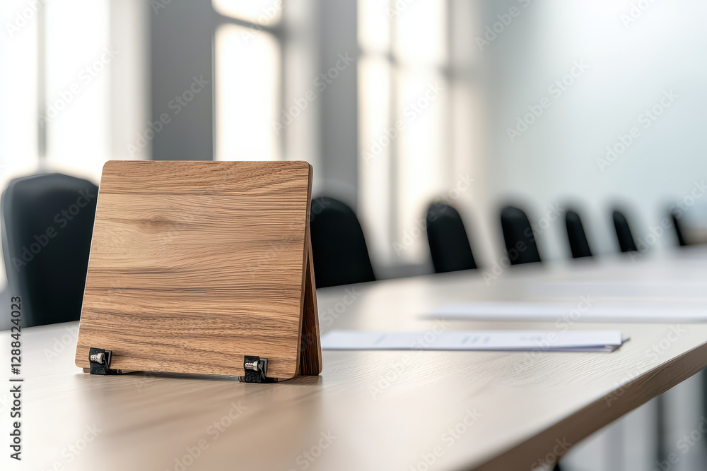 Obraz premium Business meeting table with empty wooden tablet on conference desk