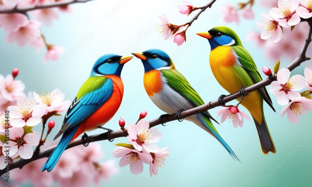 Fototapeta premium Colorful birds perched among cherry blossoms on a branch in springtime blooms