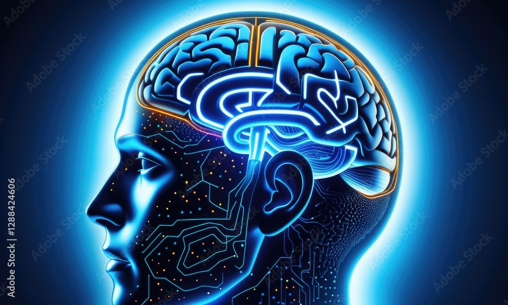 Obraz premium Futuristic human brain with neural circuitry and artificial intelligence concept