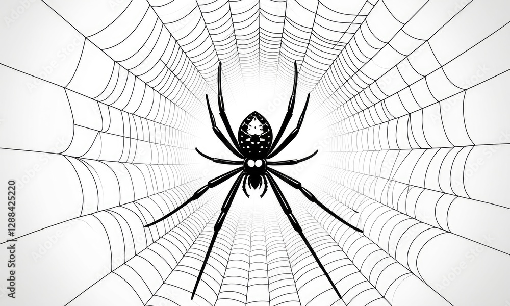 Fototapeta premium Black spider on intricate web background with radial pattern design