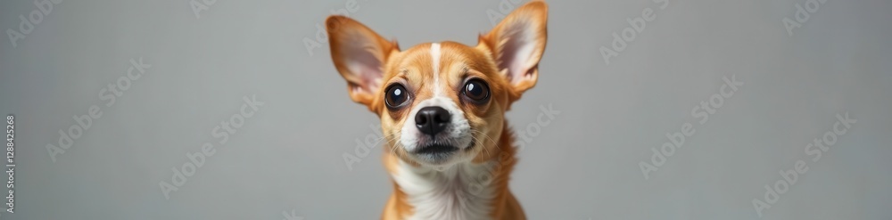 Small dog, wide eyes, startled expression, gray backdrop, surprised dog, studio shot Small dog, wide eyes, startled expression, gray backdrop, surprised dog, studio shot