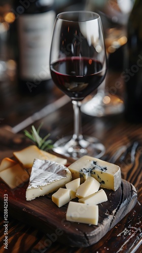 Aromatic Indulgence: A close-up captures a sophisticated pairing of fine wine and artisanal cheese on a rustic wooden board, evoking a sense of refined pleasure.