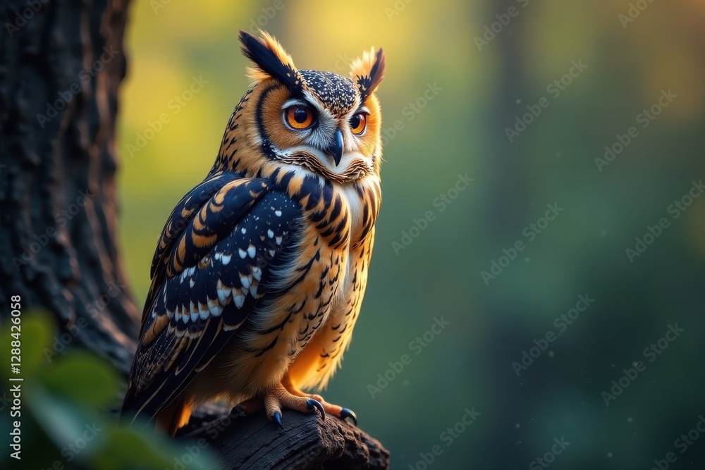 Obraz premium Spectacularly hued owl perched, soft focus backdrop, perched, raptors