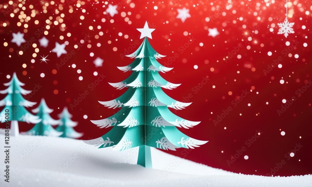 Festive paper christmas tree in sparkling snowy winter wonderland Festive paper christmas tree in sparkling snowy winter wonderland