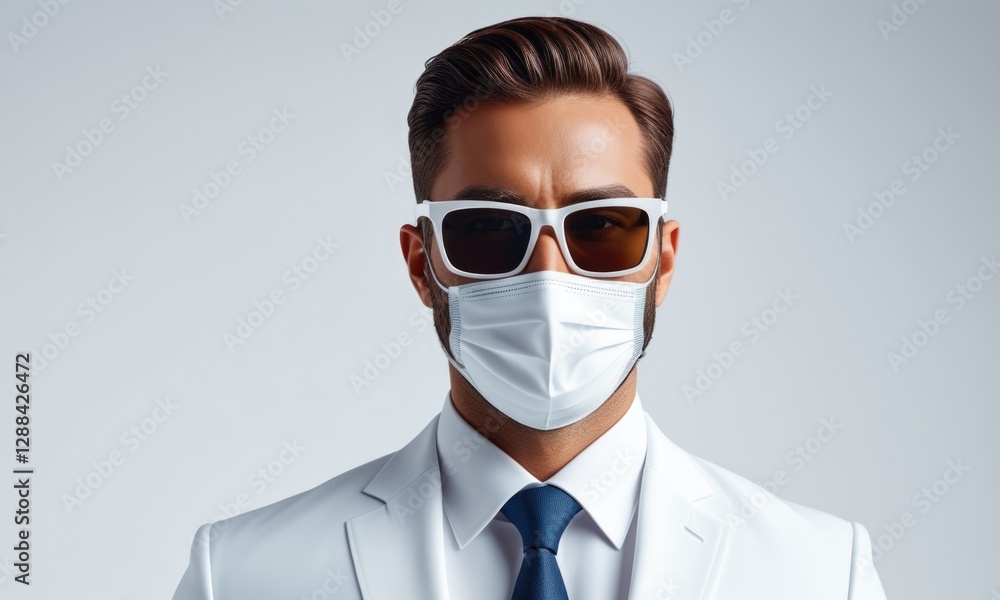 Modern professional in sunglasses and mask wearing stylish suit Modern professional in sunglasses and mask wearing stylish suit