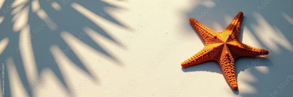Sun-drenched palm leaves shadow starfish on white sand , graphic, vibrant, vacation