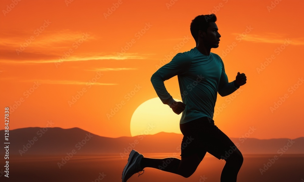 Silhouette of man running at sunset with vibrant orange sky and mountain backdrop Silhouette of man running at sunset with vibrant orange sky and mountain backdrop