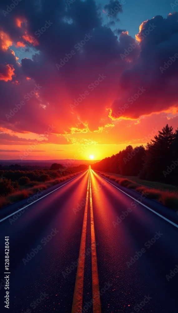 Naklejka premium Sunrise paints vibrant hues across the sky, reflecting on a dark asphalt highway , rays, travel