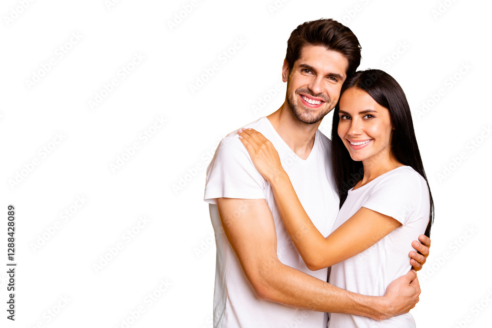 Happy together! Photo of amazing pair in love hugging wear casual white t-shirts isolated yellow color background Happy together! Photo of amazing pair in love hugging wear casual white t-shirts isolated yellow color background