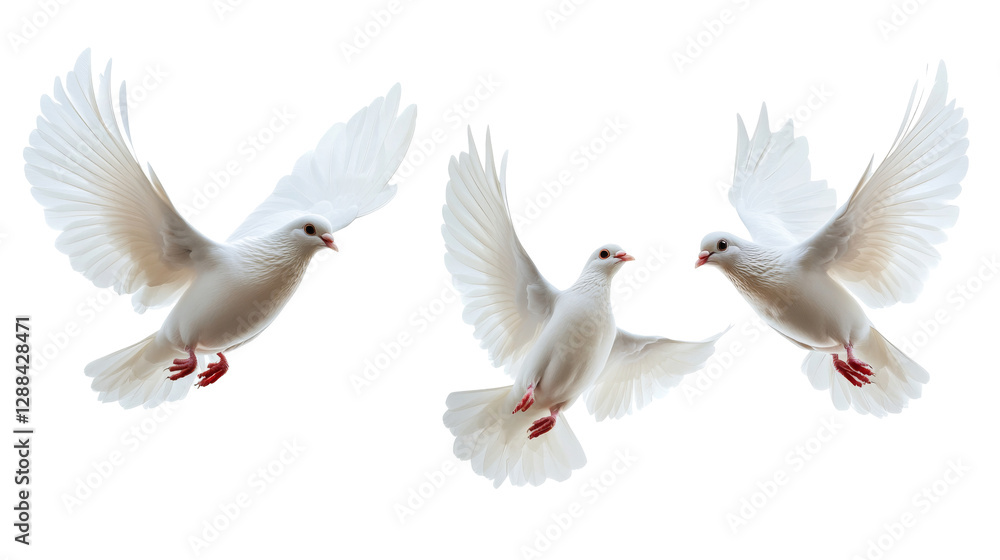 Obraz premium Three majestic white doves in flight transparent background png nature scene peaceful environment aerial view