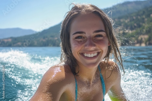Fototapeta Naklejka Na Ścianę i Meble -  Happy woman surfing and smiling in the turquoise water of a lake