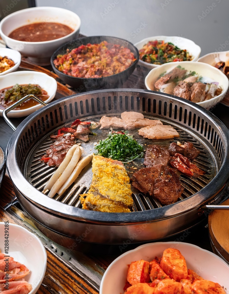 Korean barbecue grilling with various side dishes Korean barbecue grilling with various side dishes