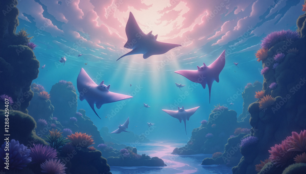 Fototapeta premium Glowing manta rays soaring through surreal underwater landscape, fantasy