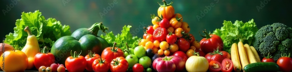 Vibrant organic produce pyramid showcasing healthy eating , vegan, colorful vegetables Vibrant organic produce pyramid showcasing healthy eating , vegan, colorful vegetables
