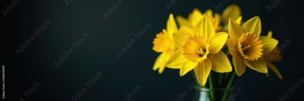 Vibrant yellow daffodils, clustered in a glass vase, dark backdrop , blossom, spring flowers Vibrant yellow daffodils, clustered in a glass vase, dark backdrop , blossom, spring flowers