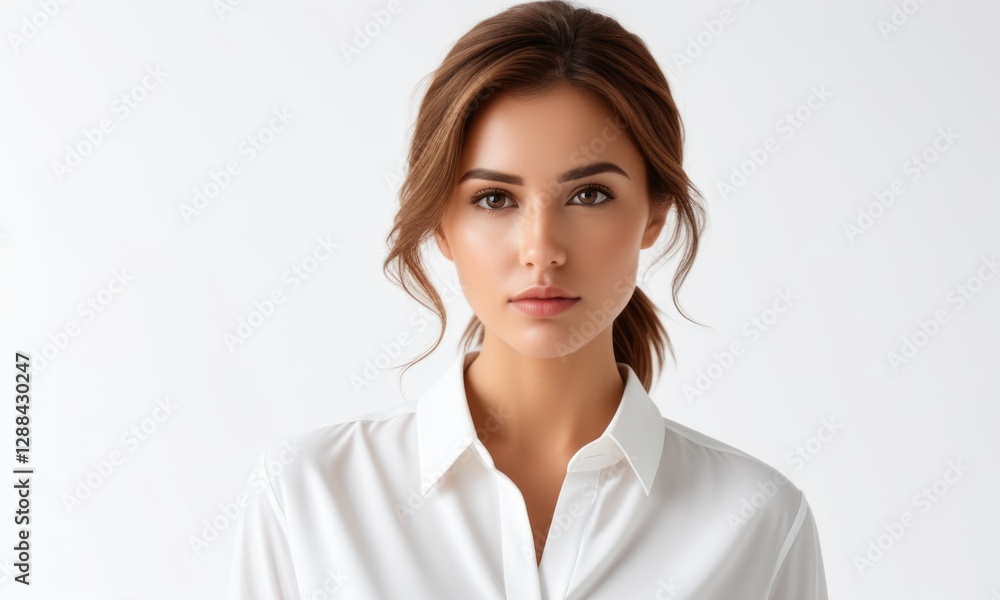 Confident woman in white shirt against neutral background Confident woman in white shirt against neutral background