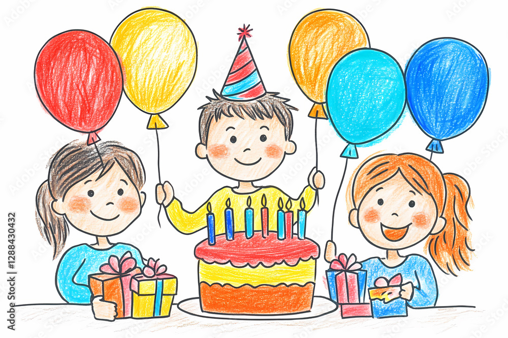 Cute and playful birthday celebration illustration featuring children with colorful balloons, a cake, and presents. Perfect for invitations and party designs. Cute and playful birthday celebration illustration featuring children with colorful balloons, a cake, and presents. Perfect for invitations and party designs.