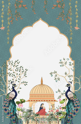 Mughal wedding card with arch frame and garden.