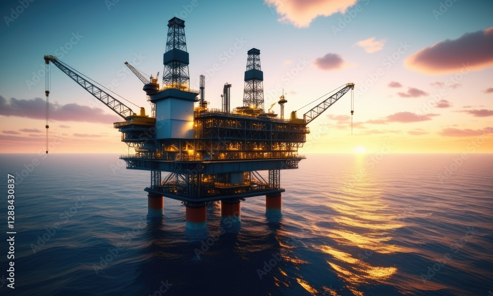 Offshore oil rig at sunset with glowing lights and ocean view Offshore oil rig at sunset with glowing lights and ocean view