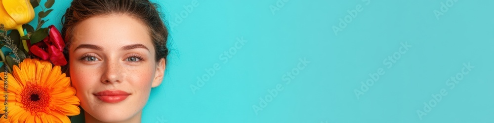 Bright Floral Face Portrait Vibrant Seasonal Flowers on Turquoise - Modern Beauty Content and Creative Branding for Fresh Cosmetic Promotions Bright Floral Face Portrait Vibrant Seasonal Flowers on Turquoise - Modern Beauty Content and Creative Branding for Fresh Cosmetic Promotions