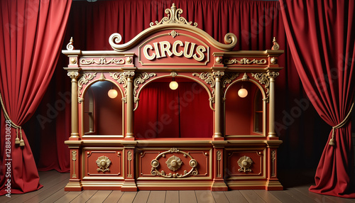  Elegant vintage-style circus ticket booth with red curtains