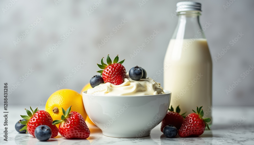 Bottle of probiotics next to a bowl of yogurt topped with fresh fruits like strawberries and blueberries, probiotics for gut health Bottle of probiotics next to a bowl of yogurt topped with fresh fruits like strawberries and blueberries, probiotics for gut health