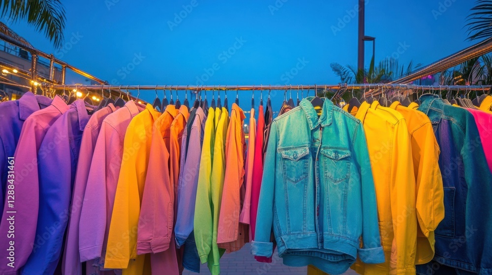 Fototapeta premium Neon Urban Thrift Market Vintage and Upcycled Fashion Display - Bold Streetwear and Distressed Denim for Sustainable Retail and Vibrant Lifestyle Branding