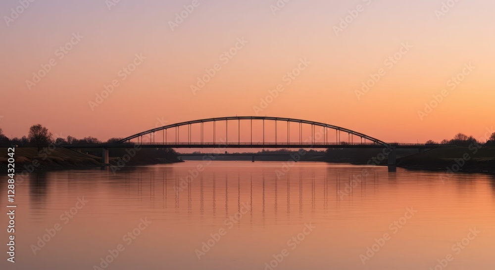 Fototapeta premium Sunset over tranquil river with arched bridge silhouette