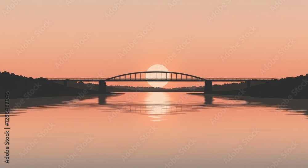 Naklejka premium Serene sunset over a quiet river with silhouetted bridge and reflective water