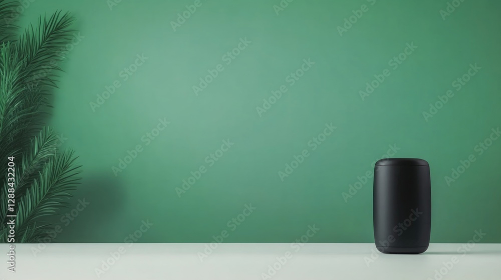 Minimalist design showcases sleek speaker against calming green Minimalist design showcases sleek speaker against calming green