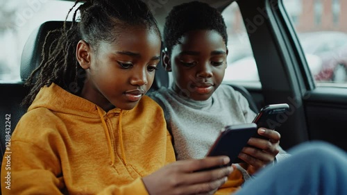 Two young african american teenager sitting in car while using mobile phone - Black brother and sister and technology concept - Models by AI generative