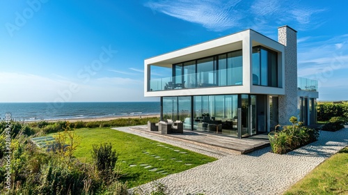 Modern beach villa with large glass windows facing the sea photo