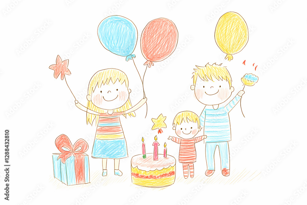 Cute crayon-style sketch of children enjoying a birthday party with a cake, balloons, and presents. Colorful festive art for invitations and kids' events. Cute crayon-style sketch of children enjoying a birthday party with a cake, balloons, and presents. Colorful festive art for invitations and kids' events.