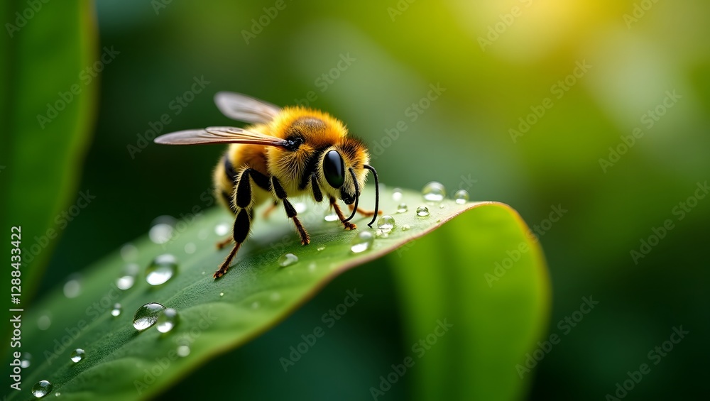 beetle on leaf with dew drops, macro photography, in tropical rainforest, realistic beetle on leaf with dew drops, macro photography, in tropical rainforest, realistic