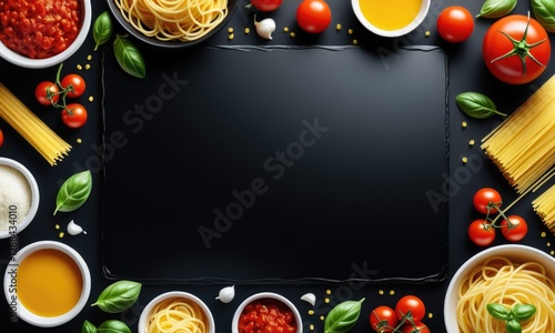 Italian cuisine ingredients border with black chalkboard center for text
