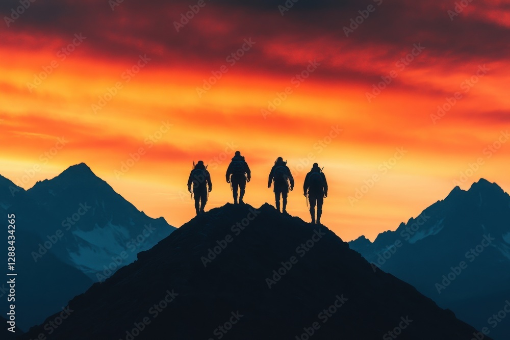Fototapeta premium Four hikers stand silhouetted against a vibrant sunset over majestic mountains, showcasing adventure and nature's beauty.