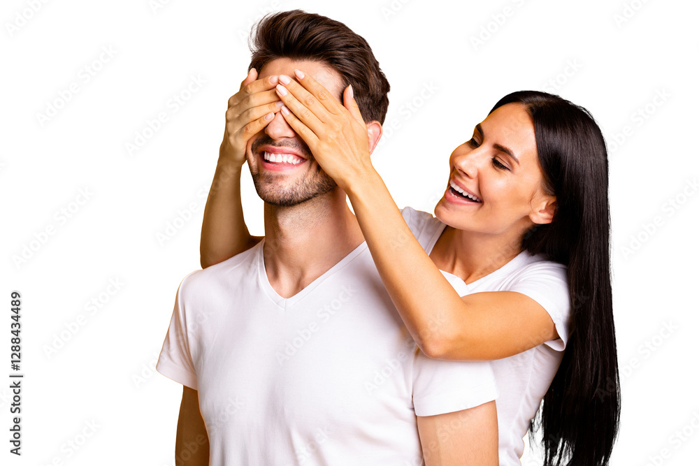 Guess who? Photo of amazing lady hiding eyes macho guy making unexpected surprise wear casual white t-shirts isolated yellow color background Guess who? Photo of amazing lady hiding eyes macho guy making unexpected surprise wear casual white t-shirts isolated yellow color background