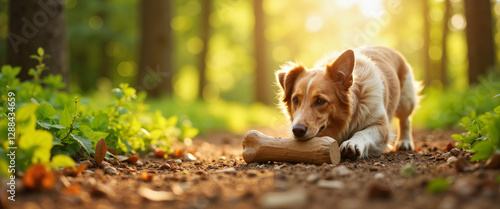 Eager dog with bone in vibrant forest, joyful companionship