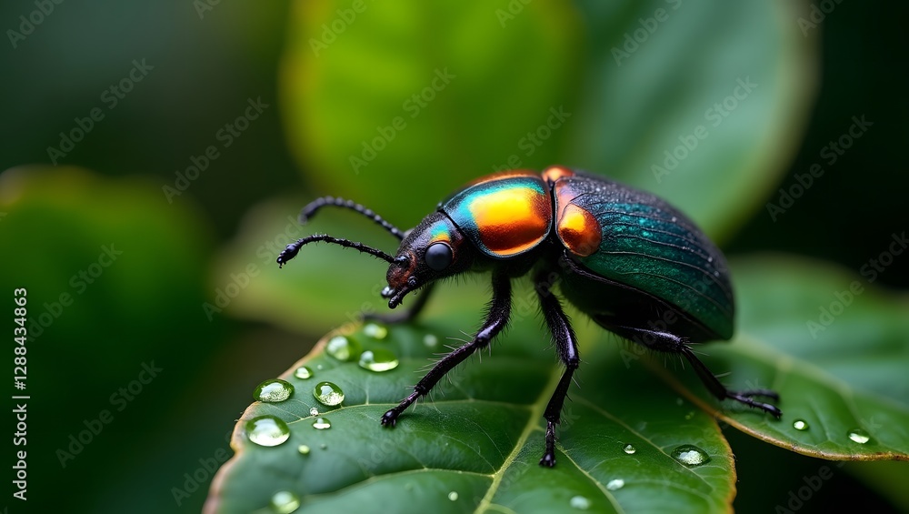 beetle on leaf with dew drops, macro photography, in tropical rainforest, realistic beetle on leaf with dew drops, macro photography, in tropical rainforest, realistic