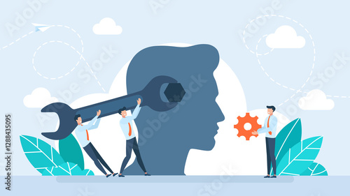 Tableau sur toile Silhouette of a human head with a wrench tool and nut