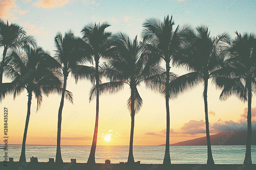 Obraz premium Silhouette of palm trees swaying gently against a vibrant sunset in a tropical coastal setting