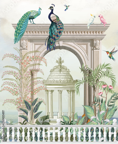 Mughal garden with Roman arch, Peacock, birds,watercolor background.