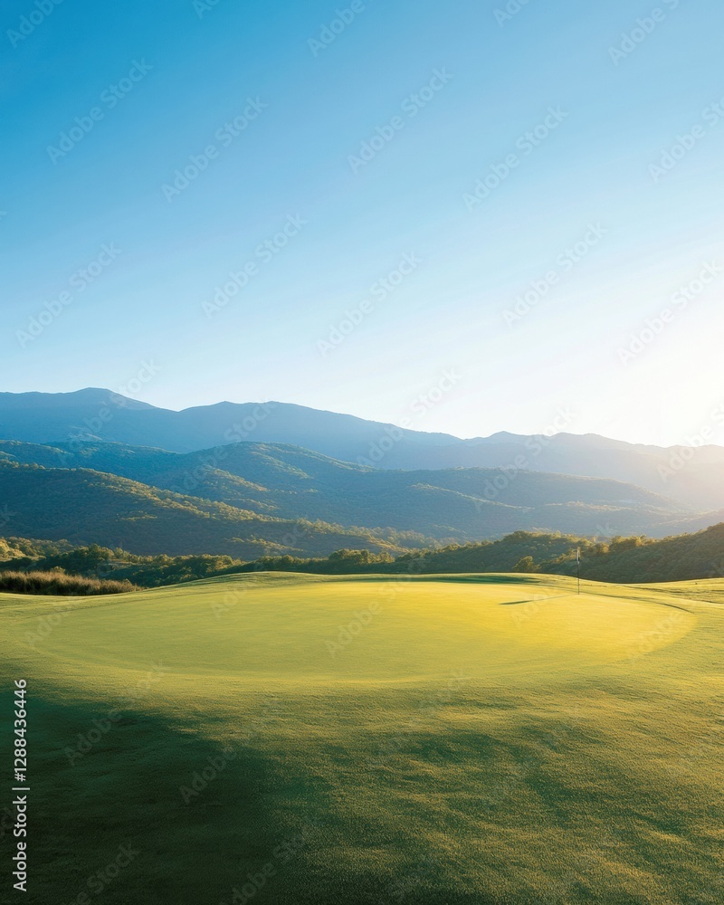 Fototapeta premium Emerald Precision Luxury Golf Course with Manicured Greens and Flag under Sunrise Sky - Sports Facility Marketing and Golf Lifestyle Content for Elite Athletics Promotion
