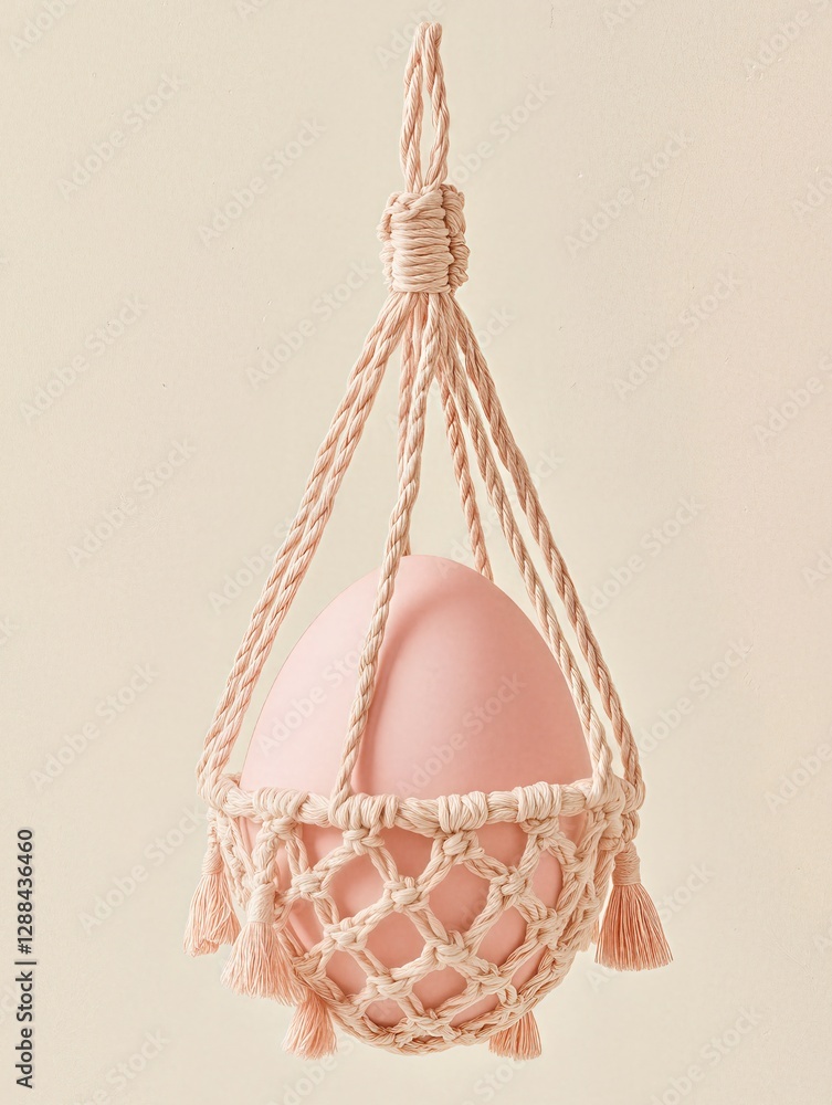 Obraz premium Soft pink egg cradled in a macramé rope basket