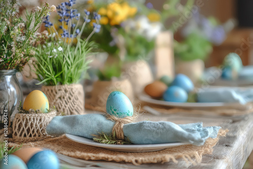 Easter dining table with floral napkin and eggs photo