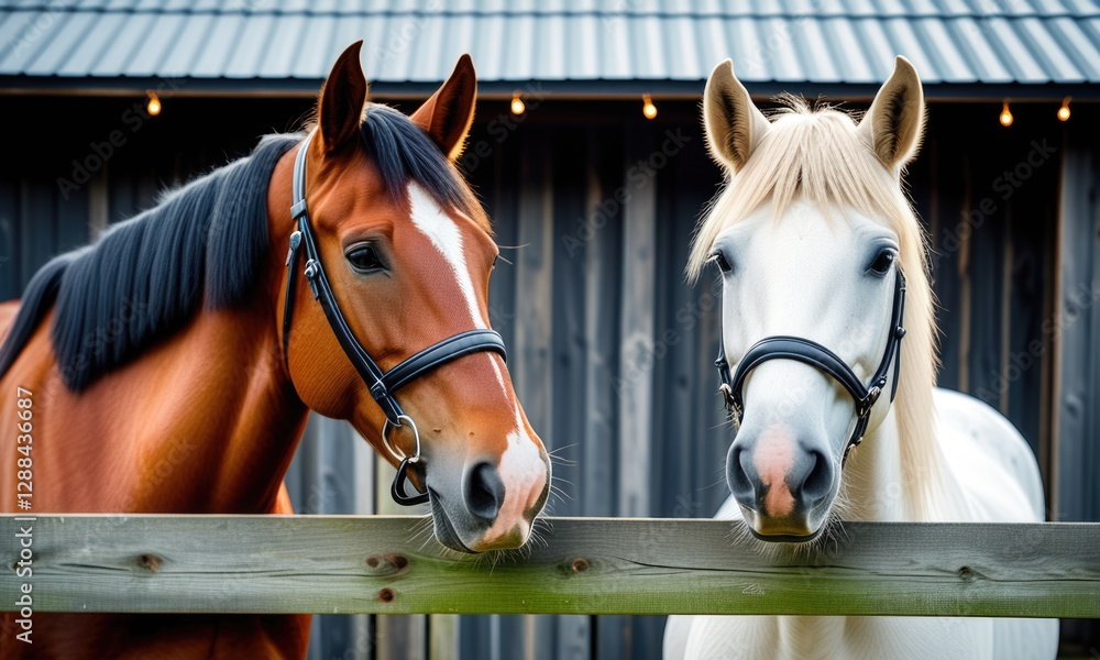Obraz premium Two horses with bridles near wooden fence at rustic stable