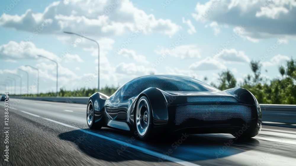 Futuristic AI car on a smart highway with digital overlays Futuristic AI car on a smart highway with digital overlays