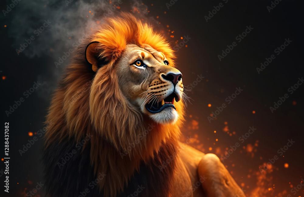Majestic lion portrait with fiery orange mane on dark background. Digital art piece presents king of beasts looking up among flames with glowing eyes, mystic and lava elements. Majestic lion portrait with fiery orange mane on dark background. Digital art piece presents king of beasts looking up among flames with glowing eyes, mystic and lava elements.