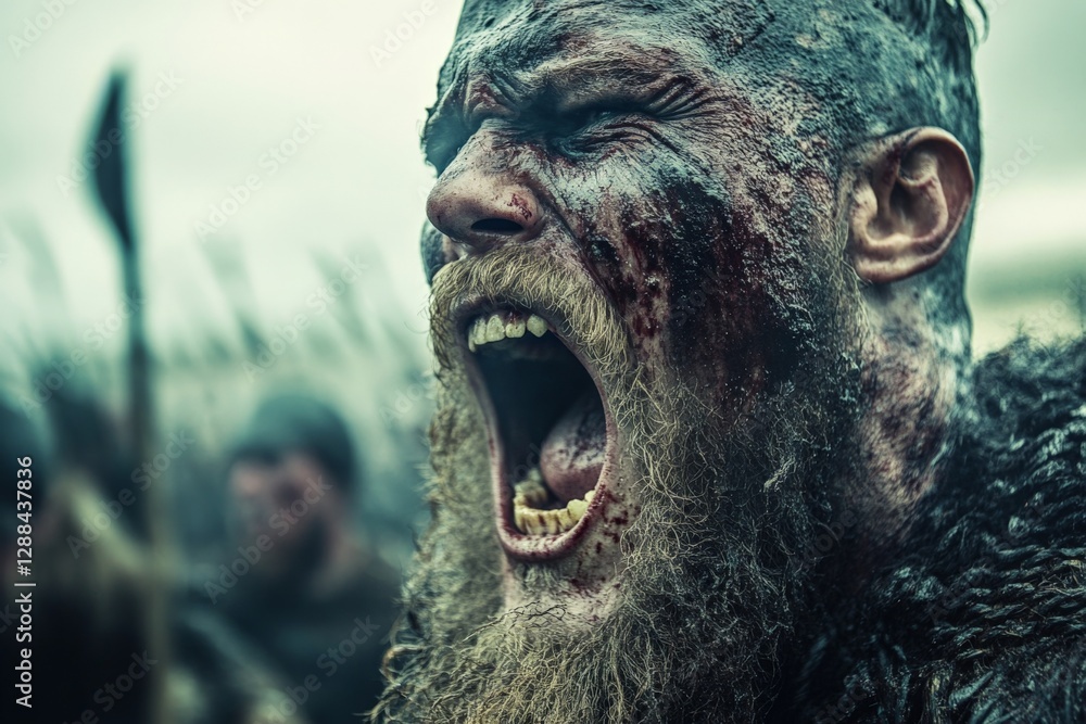 Viking warrior yells fiercely during battle preparation on a misty day in a northern landscape Viking warrior yells fiercely during battle preparation on a misty day in a northern landscape