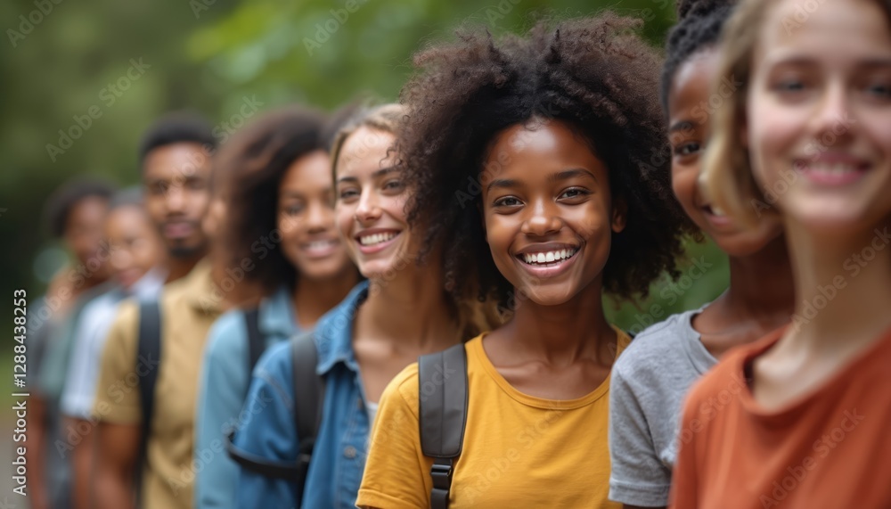 Emotional portrait of smiling teenage girl of African descent. Young black woman in front of multicultural group friends different ethnicities in line. Visual concept on diversity, friendship, Emotional portrait of smiling teenage girl of African descent. Young black woman in front of multicultural group friends different ethnicities in line. Visual concept on diversity, friendship,